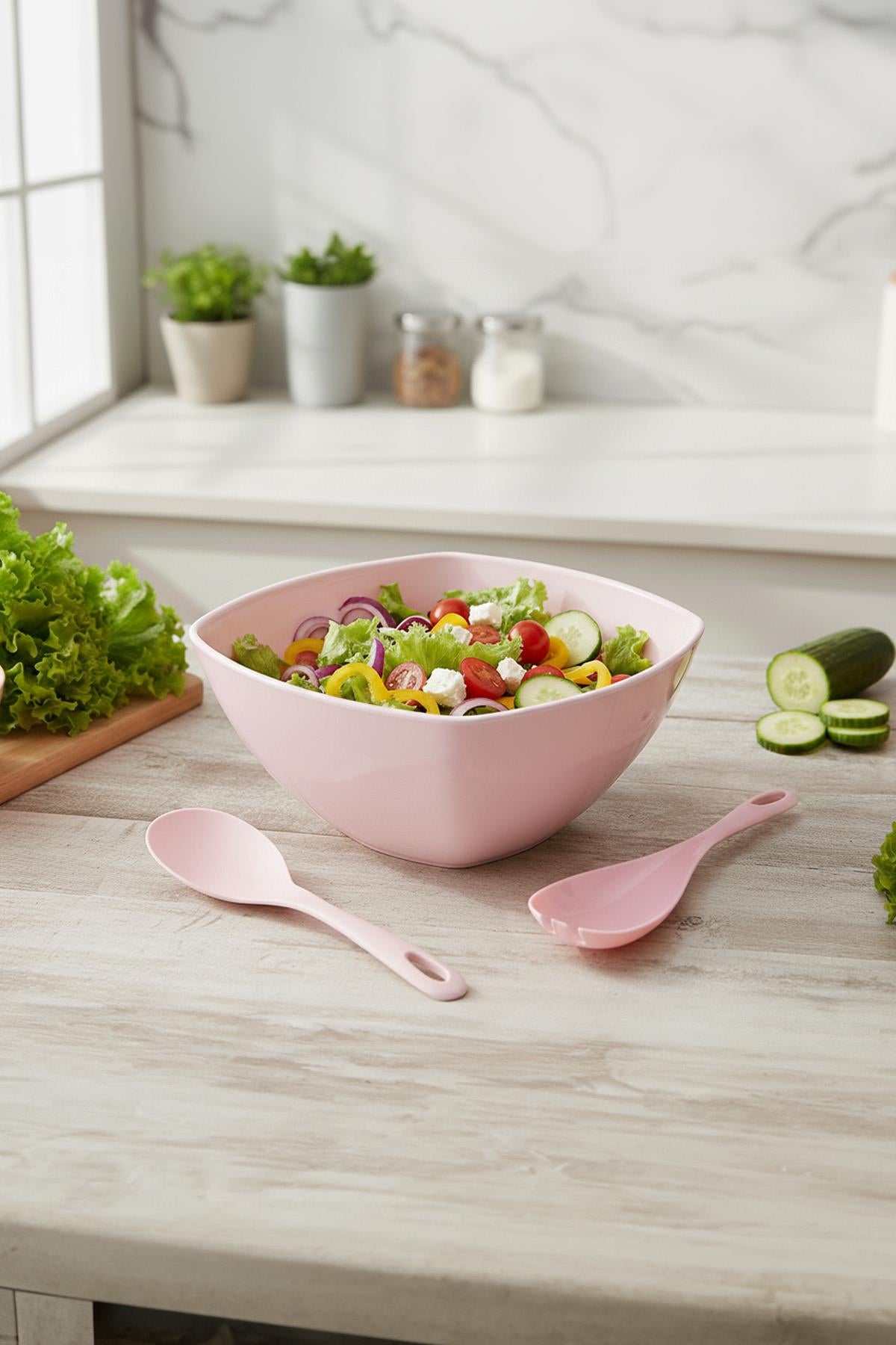 3,5 Lt Soft Pembe Akrilik Kare Salata ve Servis Kasesi Seti – 3 Parça