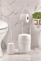 Metal Standlı Yuvarlak Kovalı & Kağıtlıklı & Fırçalıklı Beyaz Banyo Takımı