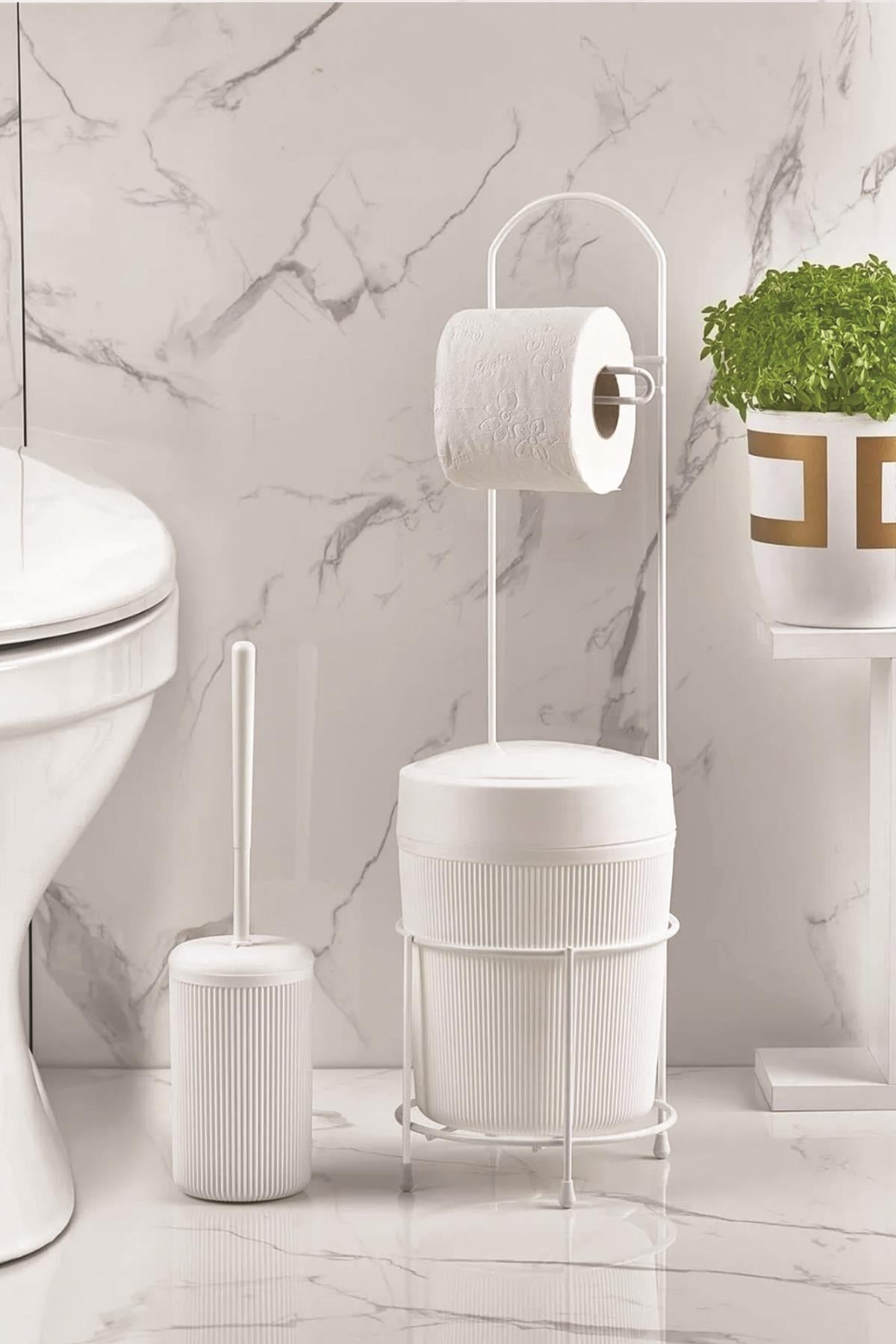 Metal Standlı Yuvarlak Kovalı & Kağıtlıklı & Fırçalıklı Beyaz Banyo Takımı