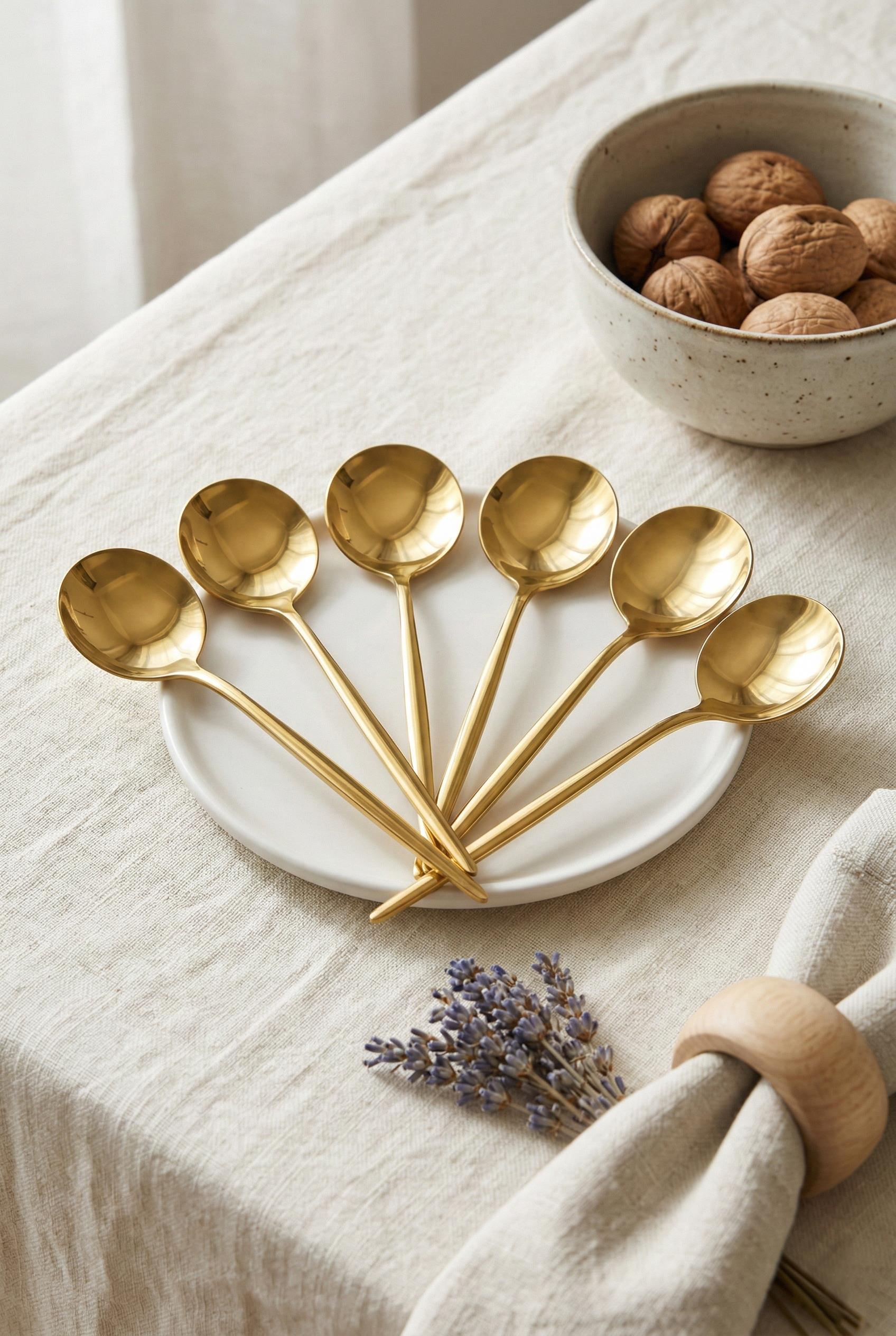 6'lı Lüks Gold Paslanmaz Çelik Tatlı Kaşığı Seti (16 cm)