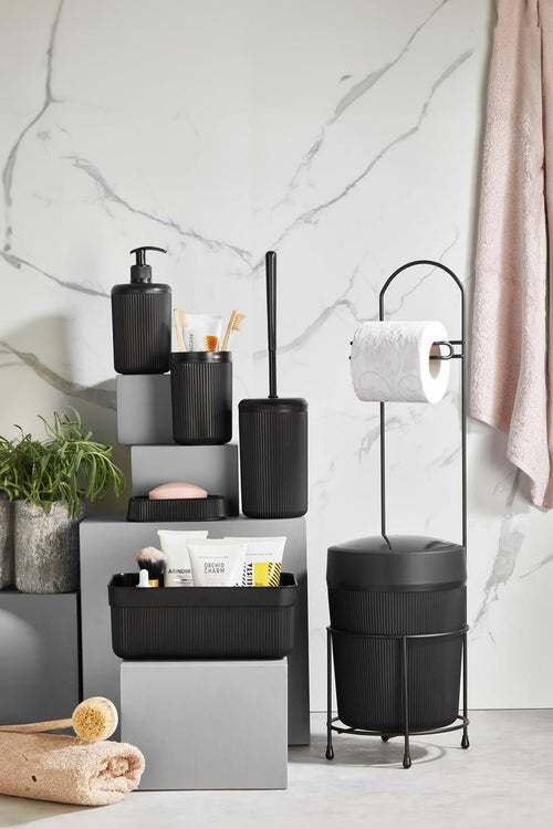 7 Parça Siyah Banyo Seti Metal Stantlı Kovalı Wc Kağıtlık Kozmetik Kutusu Diş Fırçalık Ve Sabunlukla