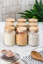 9 Lu Set Bambu Kapaklı Cam Kavanoz & Erzak Saklama Kabı 800 ml Orta Boy ( Vakum Kapak )