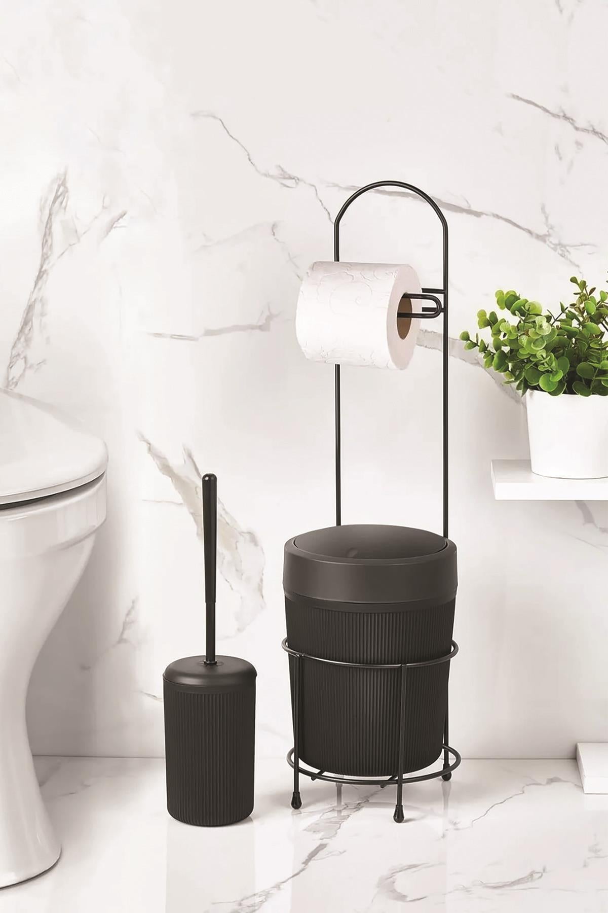 Metal Standlı Yuvarlak Kovalı & Kağıtlıklı & Fırçalıklı Siyah Banyo Takımı