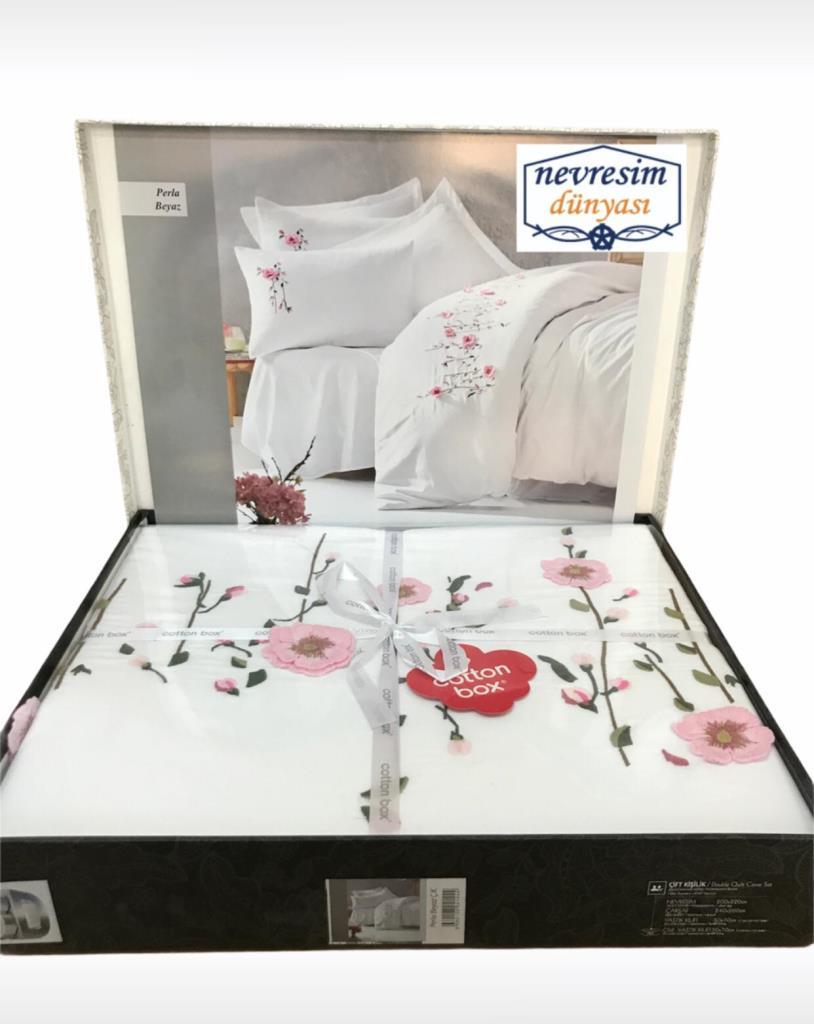 Cotton Box 3D Nakışlı Çift Kişilik Saten Nevresim Takımı Perla Beyaz