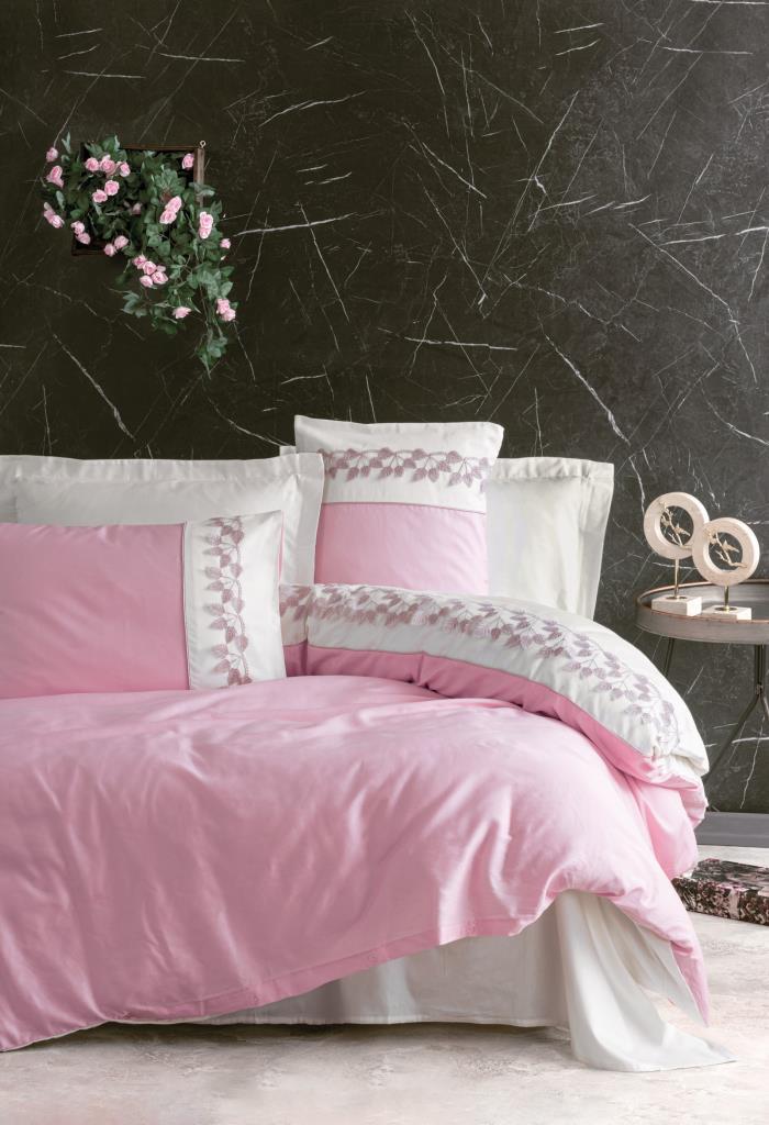 Cotton Box Brode Nakışlı Çift Kişilik Saten Nevresim Takımı Niobe Pembe