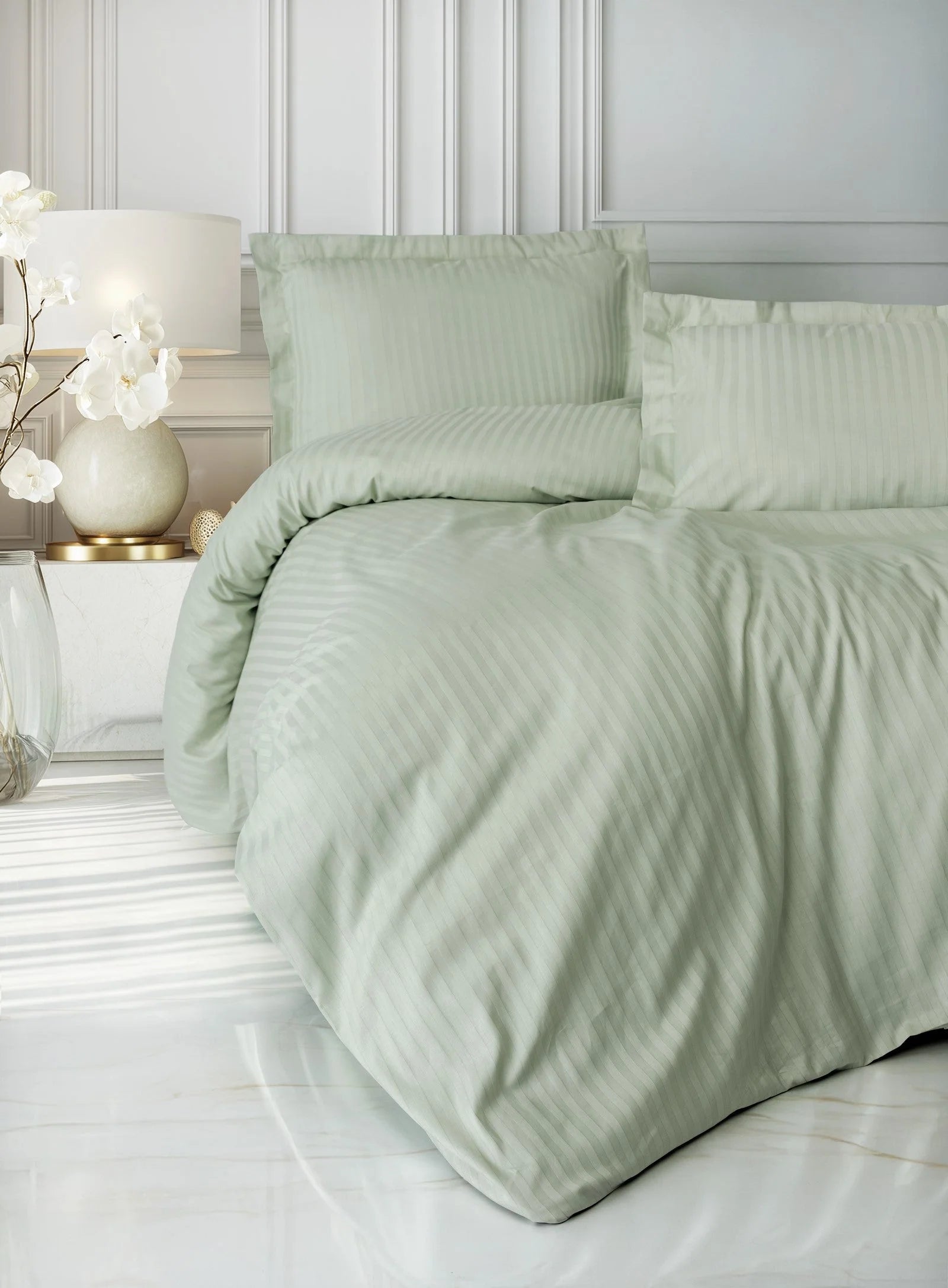 Cotton Box Stripe Elegant Adaçayı Çift Kişilik Saten Nevresim Takımı