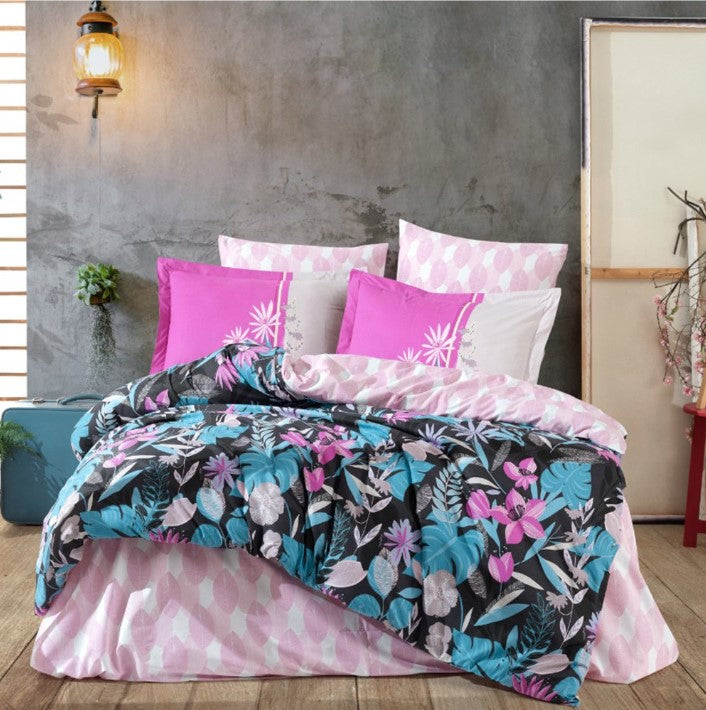 Hobby Kingsize Poplin Nevresim Monstera Fuşya