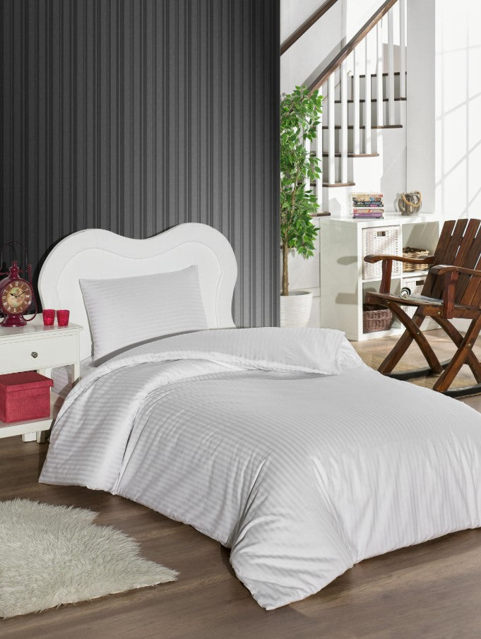 Luvu Home Tek Kişilik Çizgili Saten Nevresim Takımı Beyaz